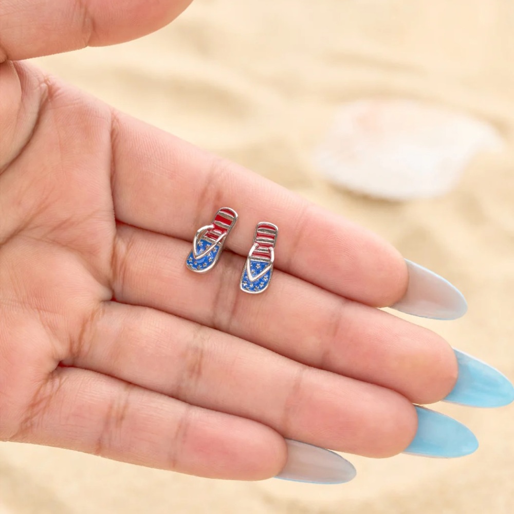 NWT 🩴 🇺🇸 PATRIOTIC .925 SILVER POSTS FLIP FLOP SANDAL NICKLE-FREE EARRINGS - Picture 3 of 4